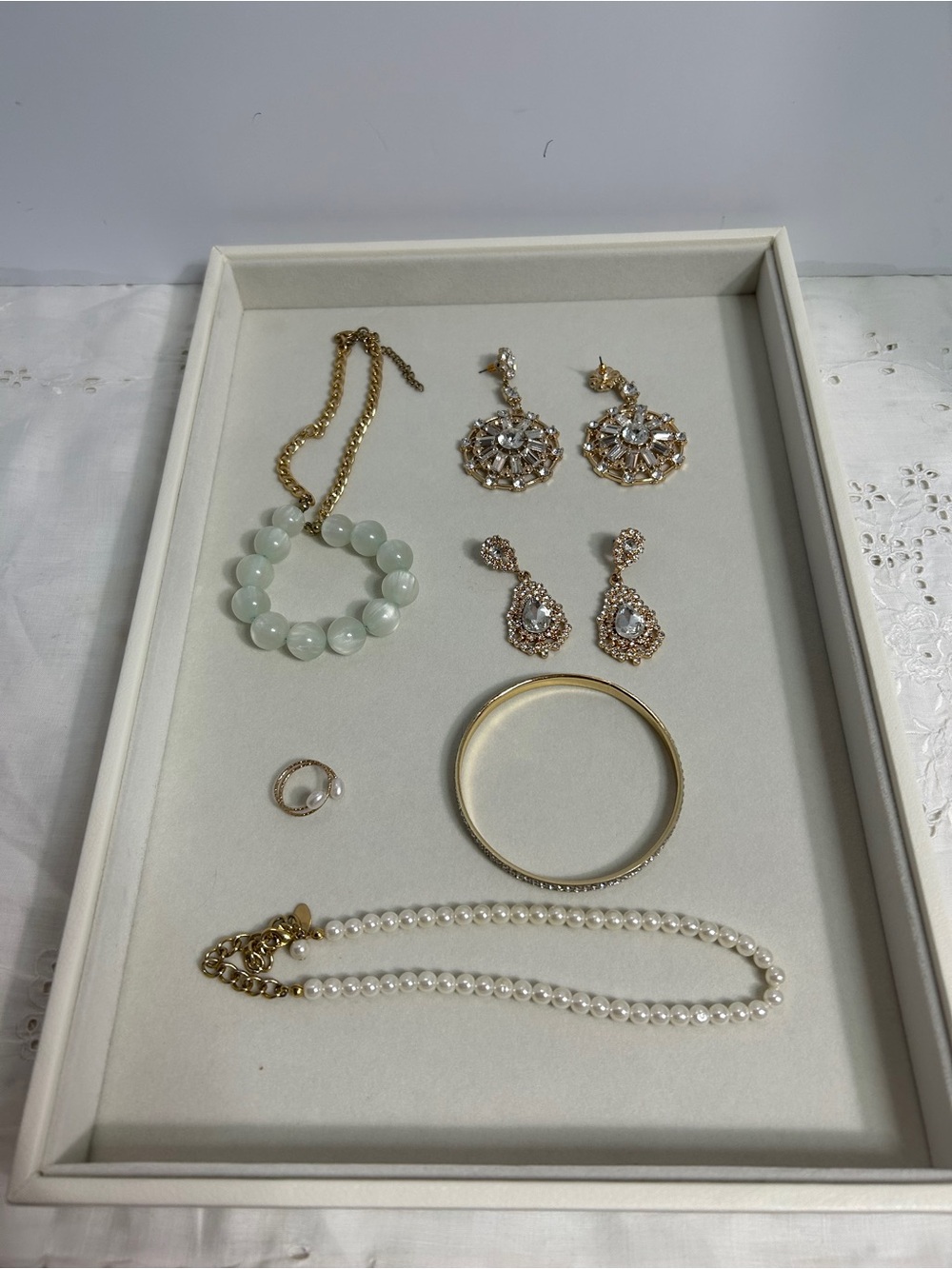 Gold-Tone jewelry Filigree Drop Earrings with White Crystal Accents